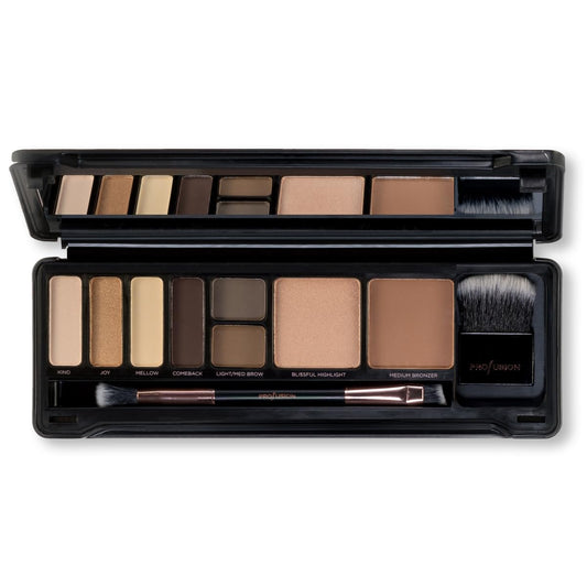 Profusion Cosmetics Day Face Pro Makeup Case - 8 Shades Palette with Brushes for Perfect Daytime Looks
