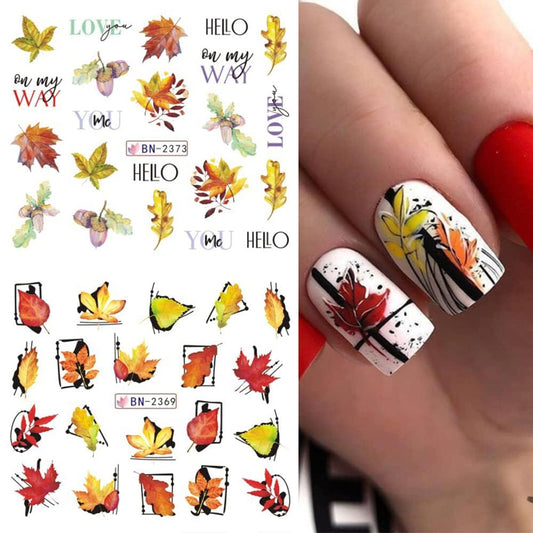 Maple Leaf Nail Art Stickers Fall Nails Water Transfer Slider Foils Autumn Nail Decorations, Harvest Pumpkin Pinecone Maple Leaves Pattern Acrylic Nail Sticker for Thanksgiving Nail Art Supplies 12Pcs