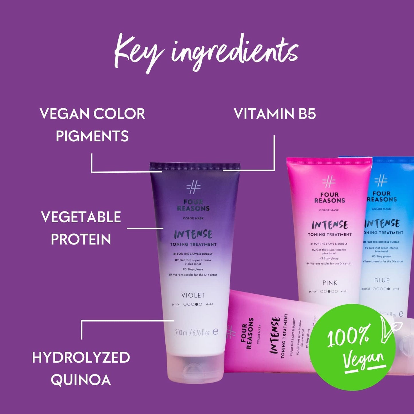 Four Reasons Color Mask INTENSE- Violet – (27 Colors) Intensive Toning Treatment - Color Depositing Conditioner – Semi Permanent Hair Dye for Lightened and Colored Hair– 100% Vegan, 6.76 fl oz