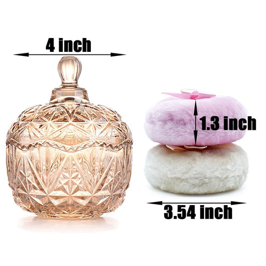 Luxury 4 Inch Glass Loose Powder Container with 2 Soft 3.5" Puffs|Non-Sealed Refillable Organizer Storage for Body Powder Makeup & Jewelry & Setting Applicator(Crown-Amber)