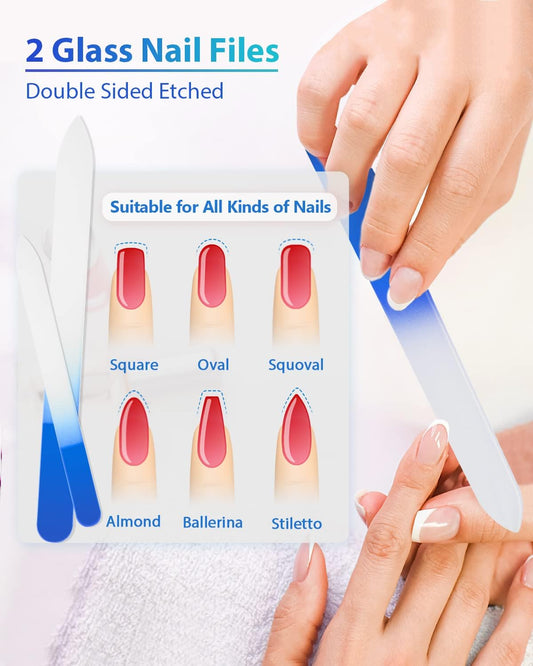 Glass Nail File and Nail Shiner, 4PC Crystal Nail File and Nano Glass Nail Buffer, Premium Set with Case, Professional Manicure Tool Fingernail Czech File for Natural Nail, Gift for Women and Girls