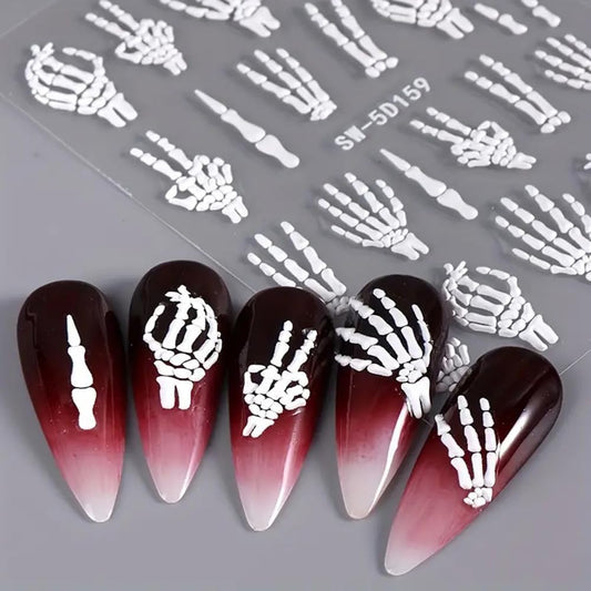 Halloween Nail Art Stickers Decals 3PCS Skeleton Nail Decals 5D Embossed Skull Nail Stickers White Hand Bones Finger Skeleton Halloween Nail Art Supplies Self-Adhesive Manicure Decorations