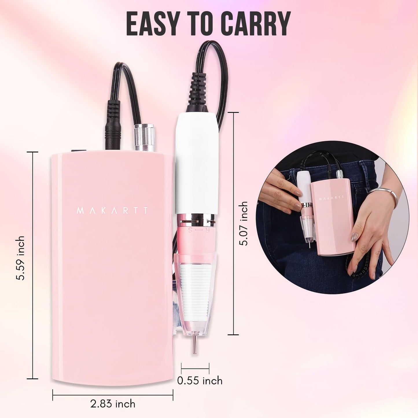 Makartt Nail Drill Professional, Rechargeable Nail E File 30000RPM Electric Nail Drill, Malory Pink Portable Gel Nail Remover Machine with Nail Drill Bits & Sanding Bands for Manicure Salon Home Use