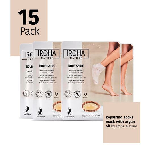 IROHA NATURE Nourishing Foot Mask Socks with Argan & Macadamia Oil | 15 Pairs | Intensive Treatment for Dry & Dehydrated Feet | Flash Effect | Natural & 100% Vegan