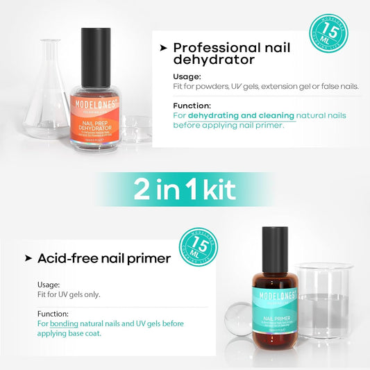 modelones 15 ml Nail Dehydrator and Primer, Acid Free Base Coat Natural Prep Dehydrate & Bond Primer Kit, Hema-Free Acrylic Nail Supplies