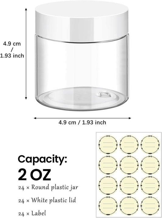 TUZAZO 24 Pack 2 Oz Small Plastic Container Jars with Lids and Labels BPA Free, Empty Round Clear Cosmetic Containers Plastic Slime Jars for Lotion, Cream, Ointments, Samples, Travel Storage (24)