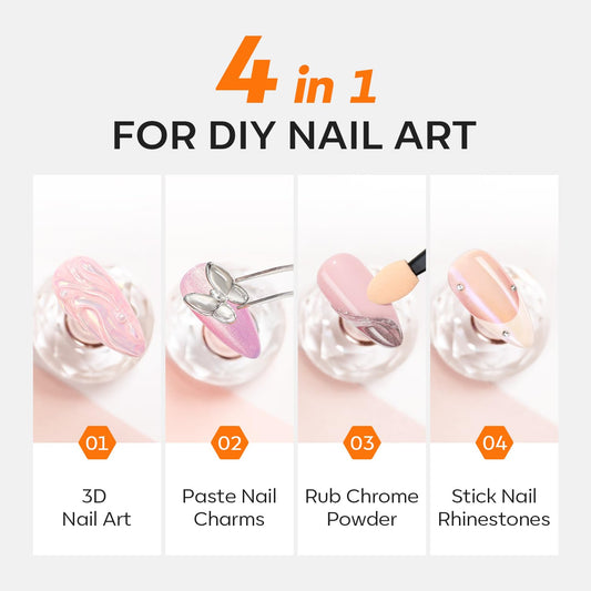 Modelones 3D Gel Nail Art, Sculpting Gel Glue for Molding, Drawing, Charms & Gems Glue, Nail Stuff for Chrome Powder and Rhinestone Design No Wipe, U V Light Cured Salon & DIY Use
