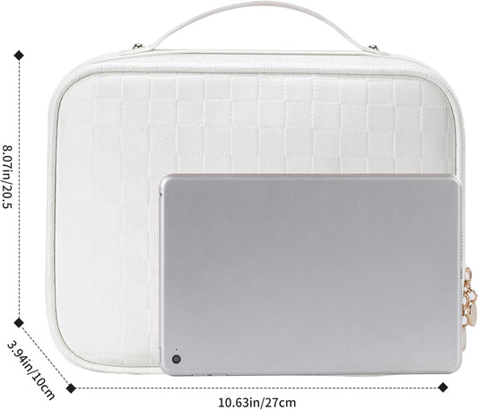 RIGHT AWAY Travel Toiletry Bag for Women, Waterproof Makeup Bag&Case, Portable Cosmetic Organizer Checkered Make up Bag for Full Sized Toiletries,Cosmetics and Travel-Size Accessories,White Checkered