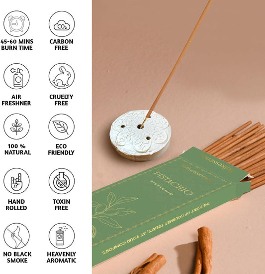 Folkulture Incense Sticks | Set of 100 Insence-Sticks with Holder for Relaxation | Pistachio Fragrance Incense | Organic, Slow Burning & Non Toxic Inscents for Meditation | Dessert Inspired