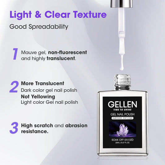 GELLEN No Wipe Gel Top Coat, 20ml Clear Glossy Top Coat Gel Nail Polish, Long Lasting for 28+ Days, DIY Nail Art Manicure for Women Gilrs
