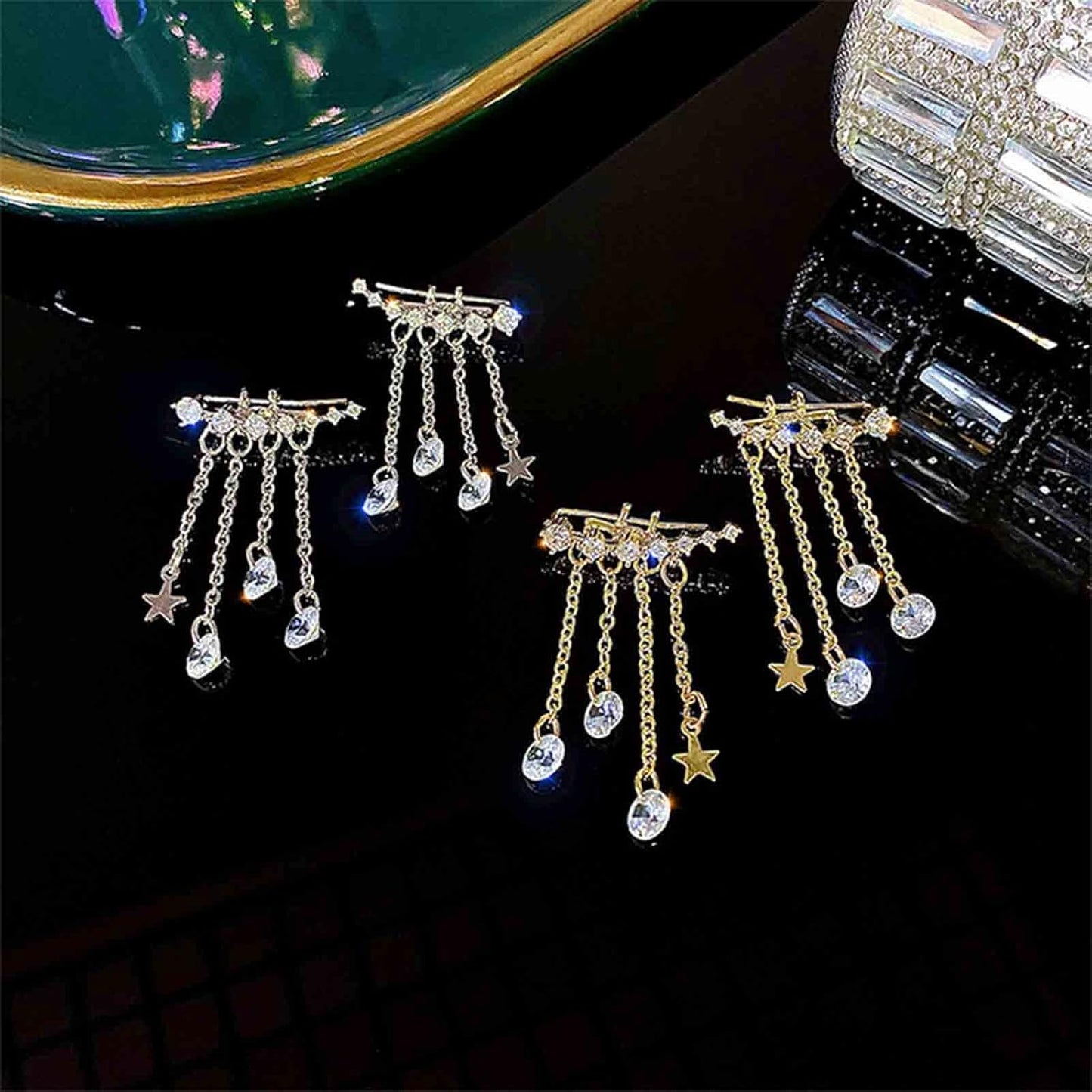 Boho Star Ear Jacket Earrings Gold Cz Star Ear Climber Earrings Crystal Chain Tassel Earrings Crystal Ear Crawler Long Chain Earrings Jewelry for Women and Girls Gifts