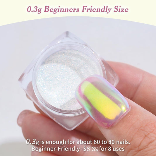 Pretty Diva 0.3g Unicorn Chrome Nail Powder, Aurora Iridescent Chrome Powders for Nails, Mermaid Chrome Powder for Nails Chrome Mica Powder Manicure Pigment (aurora, 0.3g)