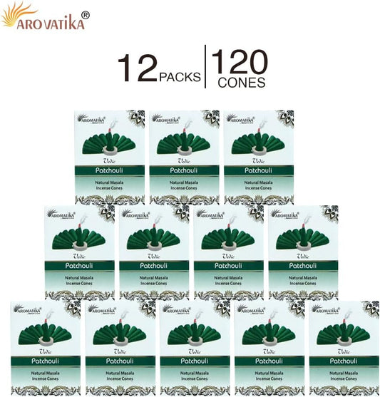 ARO VATIKA Vedic Patchouli Natural Masala 120 Incense Cones in Pack of 12 Boxes| Environment-Friendly Dhoop- Best for Prayer, Reiki, Meditation and Relaxation | Burn Time- 25 mins