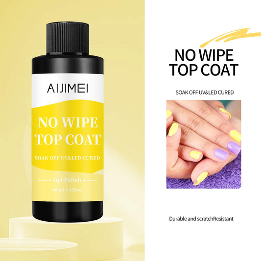 AIJIMEI 240ml Gel Polish No Wipe Top Coat Long Lasting Top Gel for Acrylic Nails,Gel Top Coat for Home DIY and Nail Salon Non-Wipe TopCoat for Gel Polish 8 Fl Oz