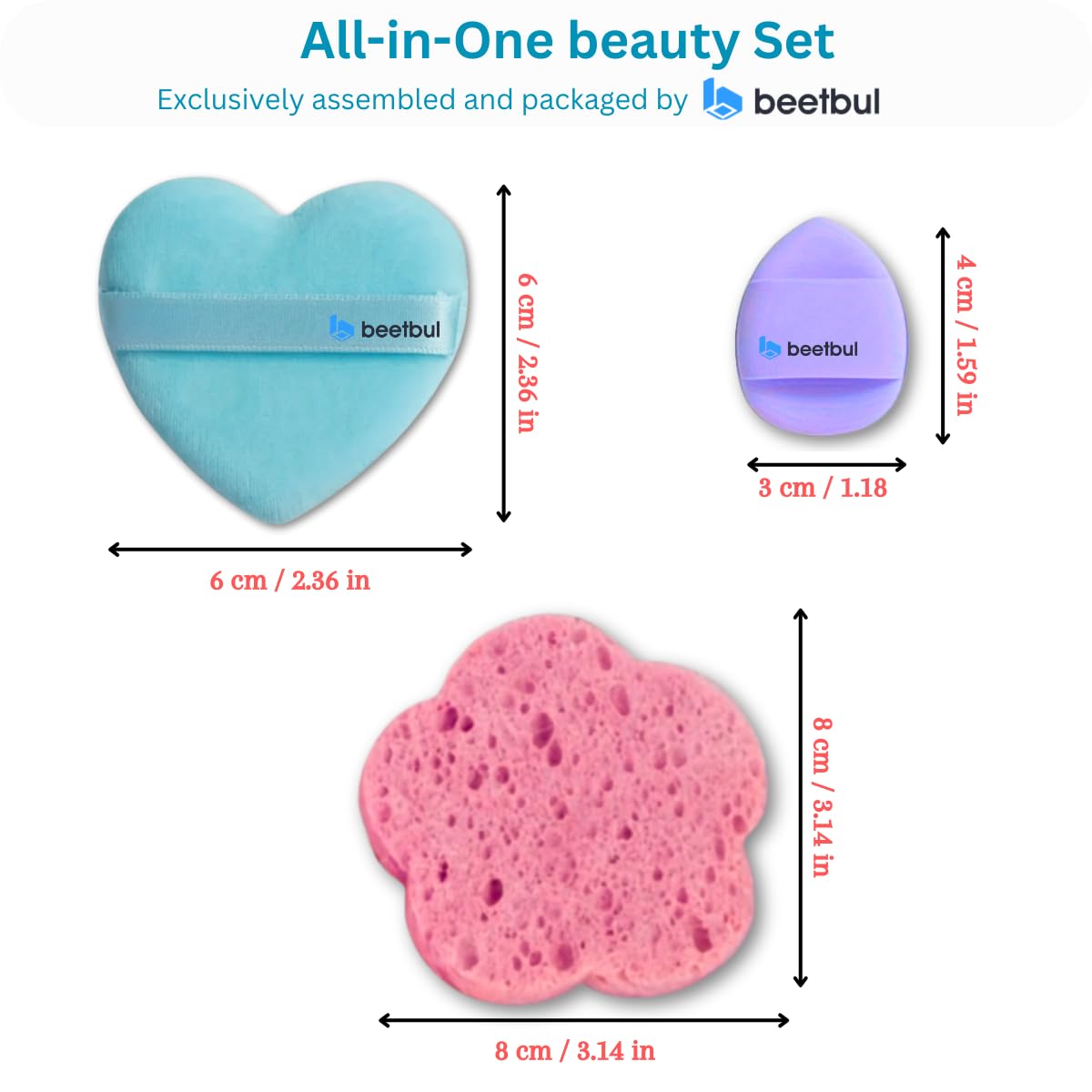 Beetbul Makeup & Exfoliation Kit - Bissú Compact Powder + 1 Medium Velvet Puff + 2 Finger Puffs + 1 Facial Exfoliating Sponge (12 Softan, One Size)