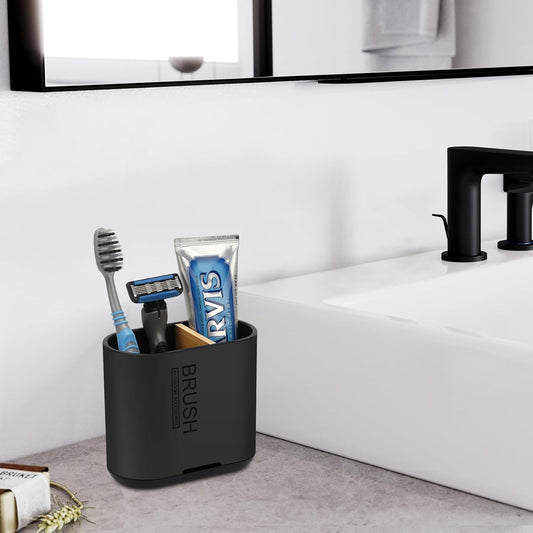 Toothbrush and Toothpaste Holder with Bamboo Divider for Bathroom Countertop Organizer, Detachable for Easy Clean, 2 Slots Electric Toothbrush Holders Storage Caddy Drainage for Family-Black