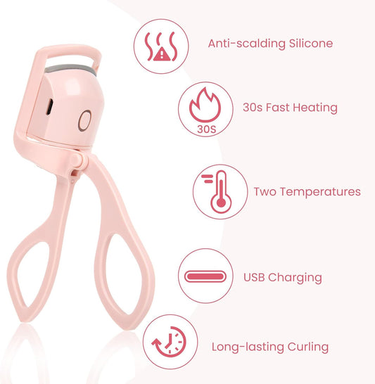 Electric Heated Eyelash Curler for Women – USB Rechargeable Heated Lash Curler with Quick Heat-Up, Multi-Temp Settings, 24H Natural Curl, Anti-Scald Silicone, Portable Makeup Tool, Pink