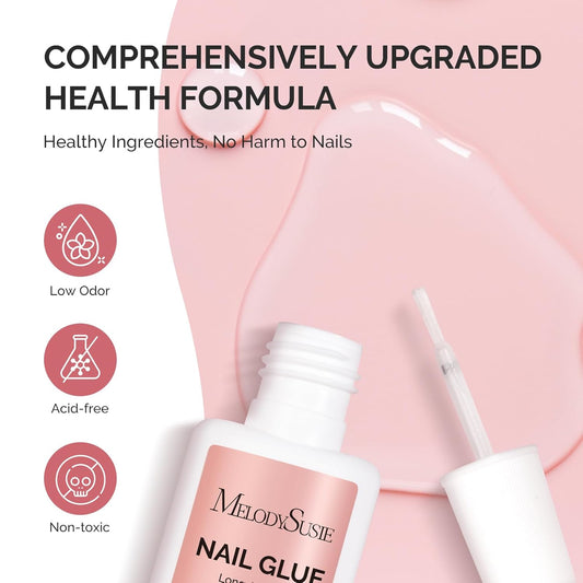 Melodysusie Brush-On Nail Glue for Acrylic Nails Press on Nails Quick-Drying Super Strong Long Lasting Adhesive for Nail Tips Fake Nails No UV Lamp Needed with Easy Application 10ml*2