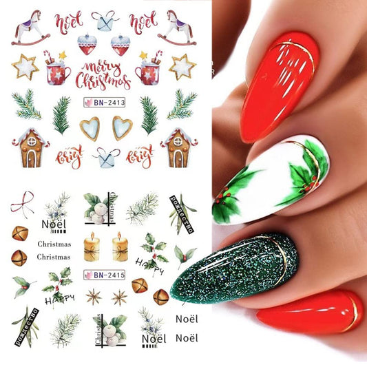 12 Sheets Christmas Nail Art Stickers Snowflake Water Transfer Nail Decals Holographic Gingerbread Man Snow Trees Winter Design Watermark Nail Foils Stickers for Women Xmas Nail Decorations
