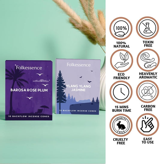 Folkulture Backflow Incense Cones for Home | Pack of 2 (20) Waterfall Sleep Incense Cone Scented | Dual Set - Ylang Ylang & Jasmine | Natural Fragrances | Barossa Rose Plum Incense