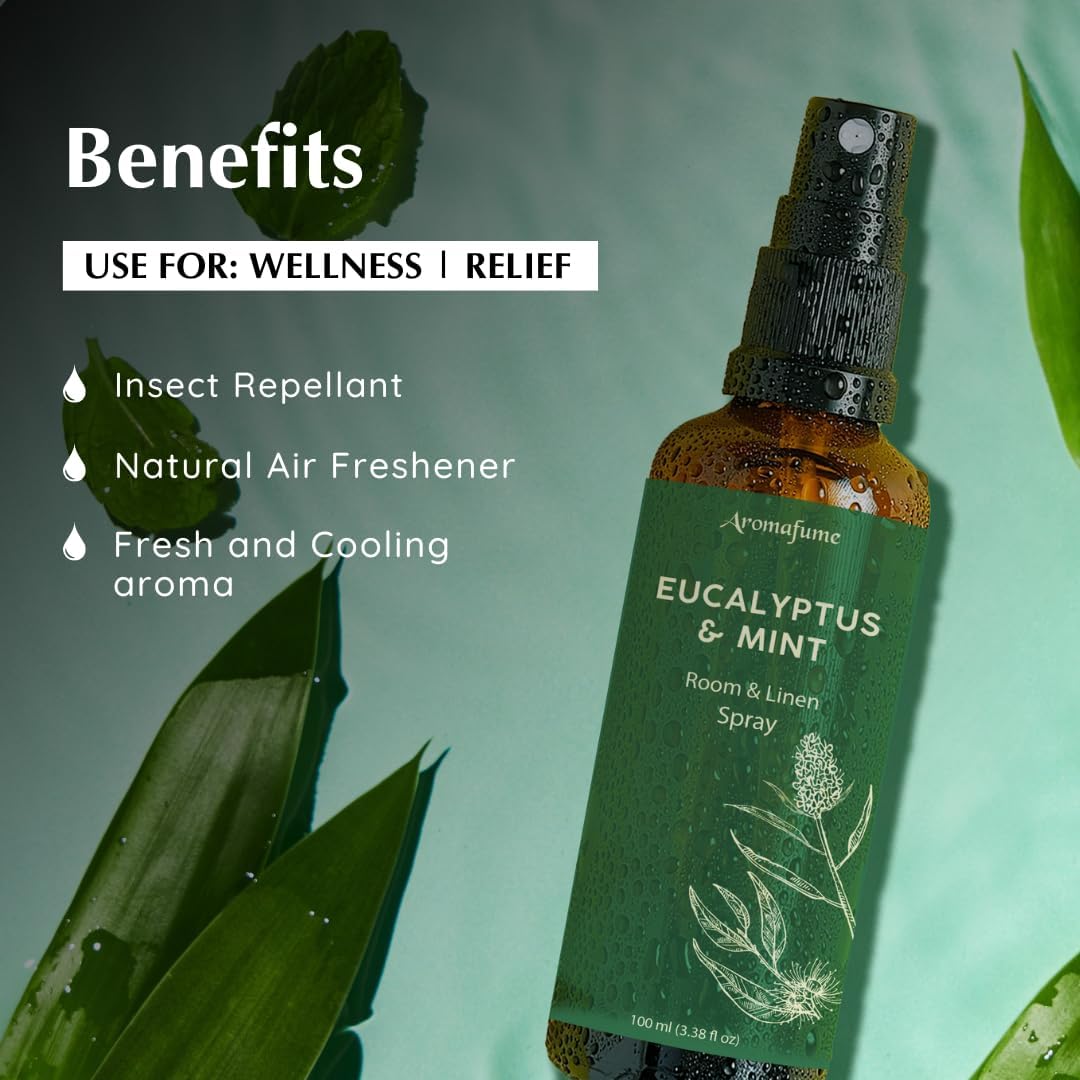 Eucalyptus & Mint Room, Linen & Pillow Spray by Aromafume | 100ml/3.38fl oz | with Pure Eucalyptus & Mint Essential Oil | Aromatherapy | Mist for Bedding, Fabrics