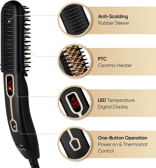 VOVO Beard Straightener Comb Upgrade Professional 2 in 1 Men's Beard Straightening Heated Hair Straightening Brush Portable Anti-Burn 6 Temperature Adjustable with LED Display for Home and Travel