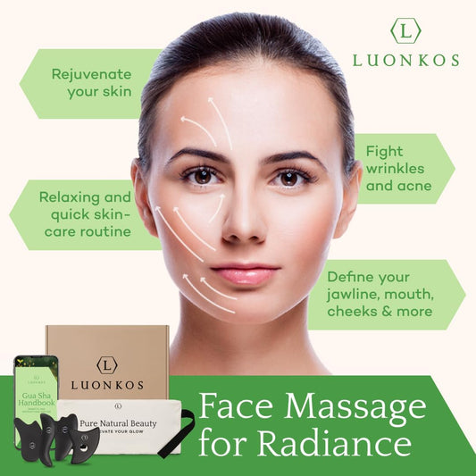 LUONKOS Gua Sha Tools Set - Large Black Bian Stone, 4-Pc - Face & Lymphatic Drainage Massager - Skin Care & Face Sculpting Tool