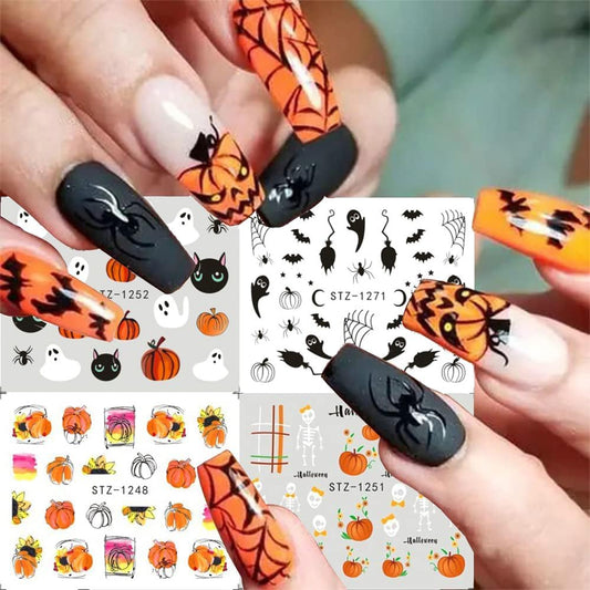 Halloween Nail Art Stickers Water Transfer Nail Decals 12Pcs Halloween Pumpkin Skeleton Spider Ghost Maple Leaf Designer Slider Nail Foils Fall Watermark Decals for Nail Manicure Accessories for Women