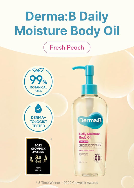 Derma B | Daily Moisture Body Oil | 99% Natural Argan & Sweet Almond Oil | Shower Oil for Dry Sensitive Skin | Light & Long-Lasting Hydration | Skin Body Care Oil with Peach Scent | 6.78 fl oz (200ml)