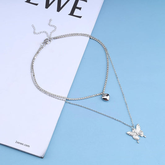 Punk Layered Butterfly Choker Necklace Rhinestone Tennis Chain Necklace Silver Puffy Heart Pendant Necklace Choker Boho Crystal Clavicle Necklace Jewelry for Women and Girls 2 Pcs