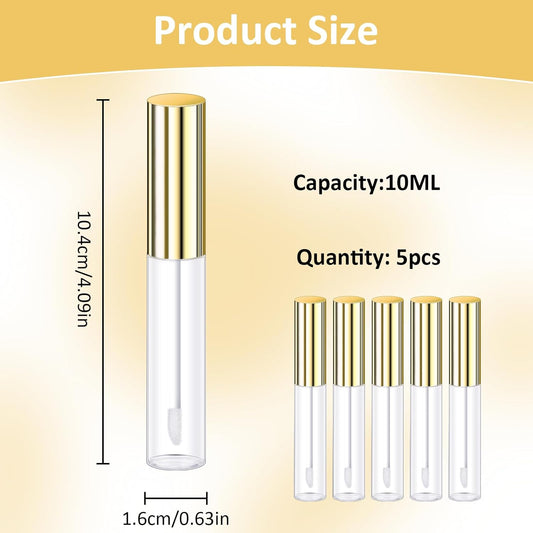Molain 5PCS Empty Lip Gloss Tubes, 10ml Refillable Cosmetic Containers Bottles Lip Balm Bottles with Wand Concealer for Lipstick Samples, Lip Balms(Gold tube cap)