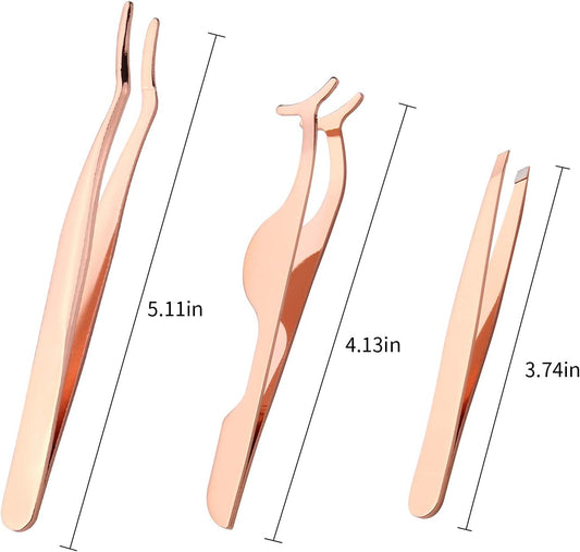 Arroyner 3Pcs Eyelashes Tool Fake Lash Applicator Lash Tools Fake Eyelashes Scissors (Rose Golden)