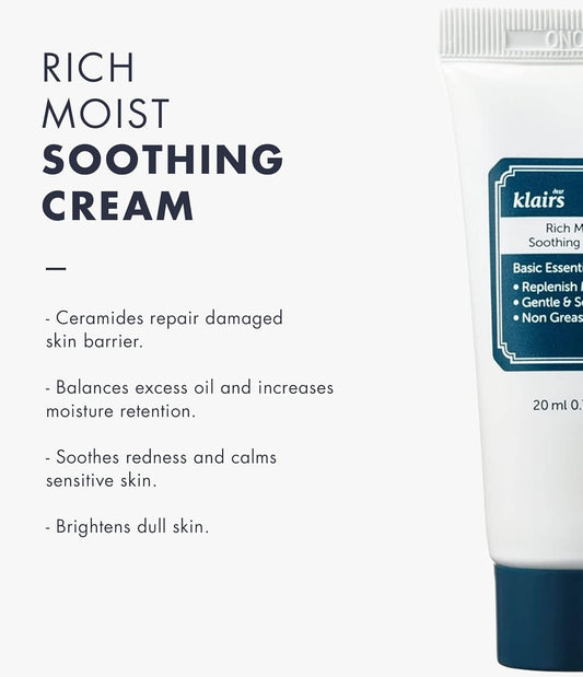 DearKlairs Rich Moist Soothing Cream 20ml, Repair Skin Barrier, Sensitive Skin, Hypoallergenic, Centella Asiatica, Ceremide, Moisturizer, Hydration, Protective layer Beta Glucan, Non-sticky, K-beauty