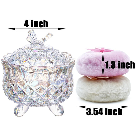 Luxury 4 Inch Glass Powder Container with 2 Soft 3.5" Puffs|Non-Sealed Refillable Organizer for Body Powder,Makeup & Jewelry|Setting Powder Applicator w/ Loose Powder Storage(Butterfly-Dazzling Color)
