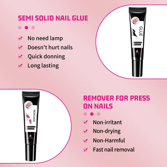 15g Semi Solid Nail Glue with 15g Remover for Press On Nails Tips Gel Nail Glue No Need for UV Lamp Quick Drying a Long Lasting Fake Acrylic Nail