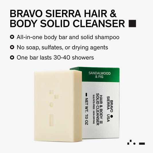 Bravo Sierra Sandalwood & Fig All-In-One Shampoo Bar for Face, Hair & Body - Coconut, Shea Butter & Oats for Soft Skin & Healthy Hair, 3-Pack, 7 oz
