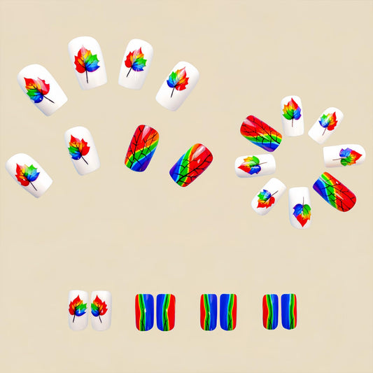 Rainbow Maple Leaf Press on Nails Fall Medium Square Fake Nails Glossy Thanksgiving Acrylic Glue on Nail Autumn Maple Leaves Artificial Stick on Nail for Women DIY Manicure