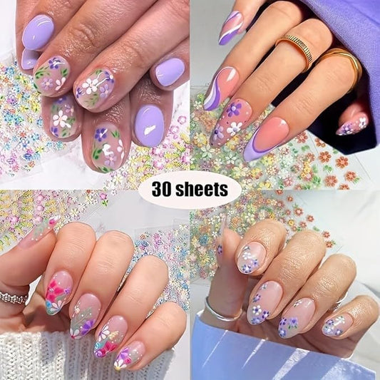 30 Sheets Flower Nail Stickers Colorful 3D Self Adhesive Cute Daisy Floral Nail Decals Heart Nail Art Charms for DIY Design (ST-F)