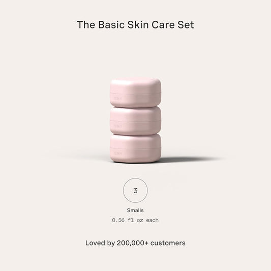 Cadence Travel Containers Basic Skincare Set - Magnetic Containers with Lids,Carry On Travel Essentials For Women/Men - 3 Small Capsules (0.56oz) - Cleanser, Moisturizer & Sun-Icon Labels - Petal