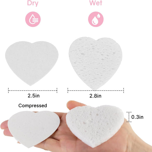 50-Count Heart Shape Compressed Facial Sponges,100% Natural Cellulose Face Sponge Spa Sponges for Removing Dead Skin, Dirt and Makeup(White)