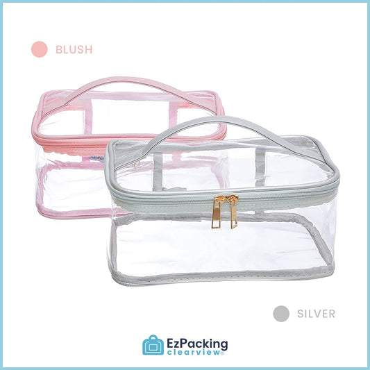 Large Cosmetic Bag for Women / Clear, See-Through Makeup, Hair & Nail Accessories Pouch for Travel or Home / Transparent PVC Plastic Organizer, Spacious Interior, Handle & Double Zippers (Blush)