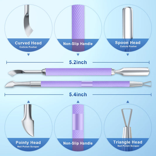 2PCS Metal Lavender/Taro Purple Cuticle Pusher and Cutter Remover Salon Quality Stainless Steel Gel Nail Polish Peeler Scraper Durable Manicure and Pedicure Cleaner Tool For Fingernail and Toenail