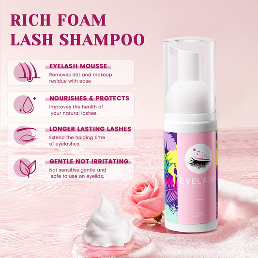 Buqikma Lash Shampoo Kit - Lash Cleaning for Eyelash Extension, 60Ml/2.11fl.Oz Eyelash with Lash Shampoo Brushes Gentle Lash Extension Cleanser for Professional Salon Use and Home Use (2 Pcs)
