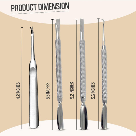Cuticle Pusher Tools - Professional Nail Cuticle Pusher Cuticle Remover Cuticle Trimmer Ingrown Toenail Lifter Nail Cleaner Dual Sided Stainless Steel Manicure Pedicure Women 4 Pack Set Krisp Beauty