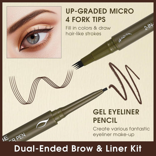 UCANBE Eyebrow Pen, Dual-Ended Eyebrow Pencil with 4-Fork-Tip & Gel Eyeliner for Women, Eye Brow Pen with Gel Eyeliner Pencil, Microblading Eyebrow Pencils with Hair Like Strokes, Classic Brown