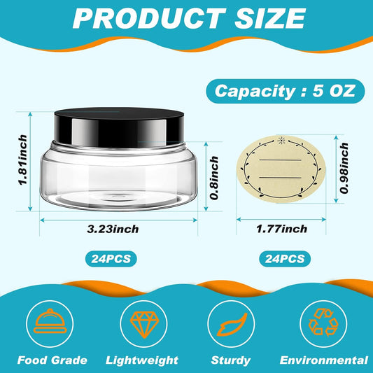 Tessco 24 Pack Plastic Jars with Lids Labels Empty Clear Plastic Jars Round Refillable Cosmetic Containers Body Butter Containers Bulk Sugar Scrub Bottle for Make Up(5 oz,Clear, Black)