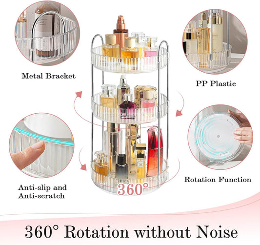 360° Rotating Makeup Organizer for Vanity, Spinning Cosmetics Organizer Holder Rack, Large Capacity Bathroom Organizer Countertop, Fits Perfume, SkinCare, Makeup Brushes 3 Tiers, Transparent