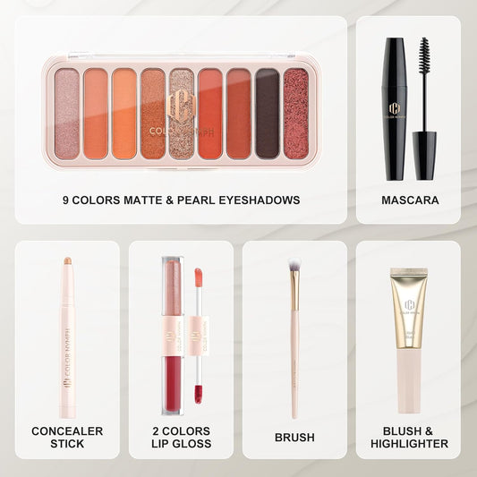 Color Nymph All In One Makeup Kit For Teens And Girls With Waterproof Handbag Makeup Kit Included 9 Colors Matte And Pearl Eyeshadow Palette Liquid Blush, Double Ended Lipgloss Concealer Brush Mascara