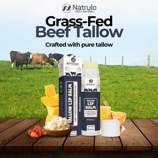 Beef Tallow Lip Balm – Natural Tallow Beeswax Chapstick – Hydrating Moisturizer Grass Fed Tallow Balm Care – Soothes Chapped Dry Lips Sensitive Skin – Long Lasting Vitamin Rich USA-Made, Strawberry