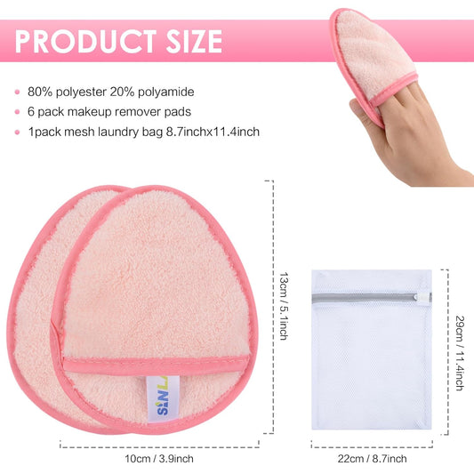 SINLAND Reusable Makeup Remover Pads For Face,Eye,Lips Microfiber Gentle Facial Cleansing Cloths for All Skin Types Friendly for Makeup Remover With Laundry Bag 5.1inchx3.93inch Pink Pack of 6
